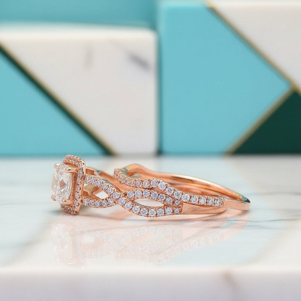 1.0 Ct Cushion Cut Diamond 18k Rose Gold Halo Engagement Ring-Evani Jewelry