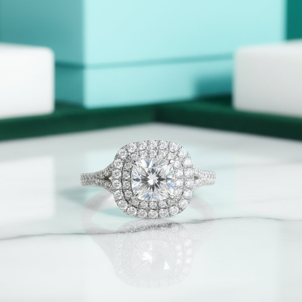 1.0 Ct Cushion Cut Halo Diamond Engagement Ring-Evani Jewelry