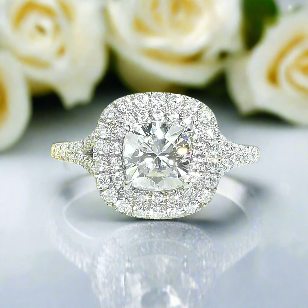 1.0 Ct Cushion Cut Halo Diamond Engagement Ring-Evani Naomi Jewelry