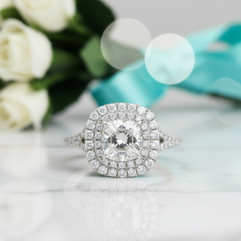 1.0 Ct Cushion Cut Halo Diamond Engagement Ring-Evani Jewelry
