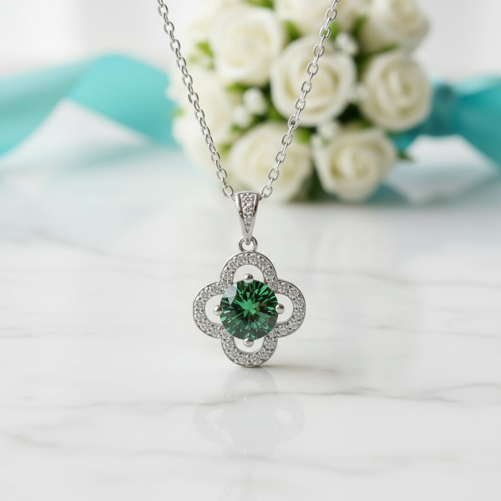 1.0 Ct Emerald Birthstone Clover Pendant Necklace-Evani Jewelry