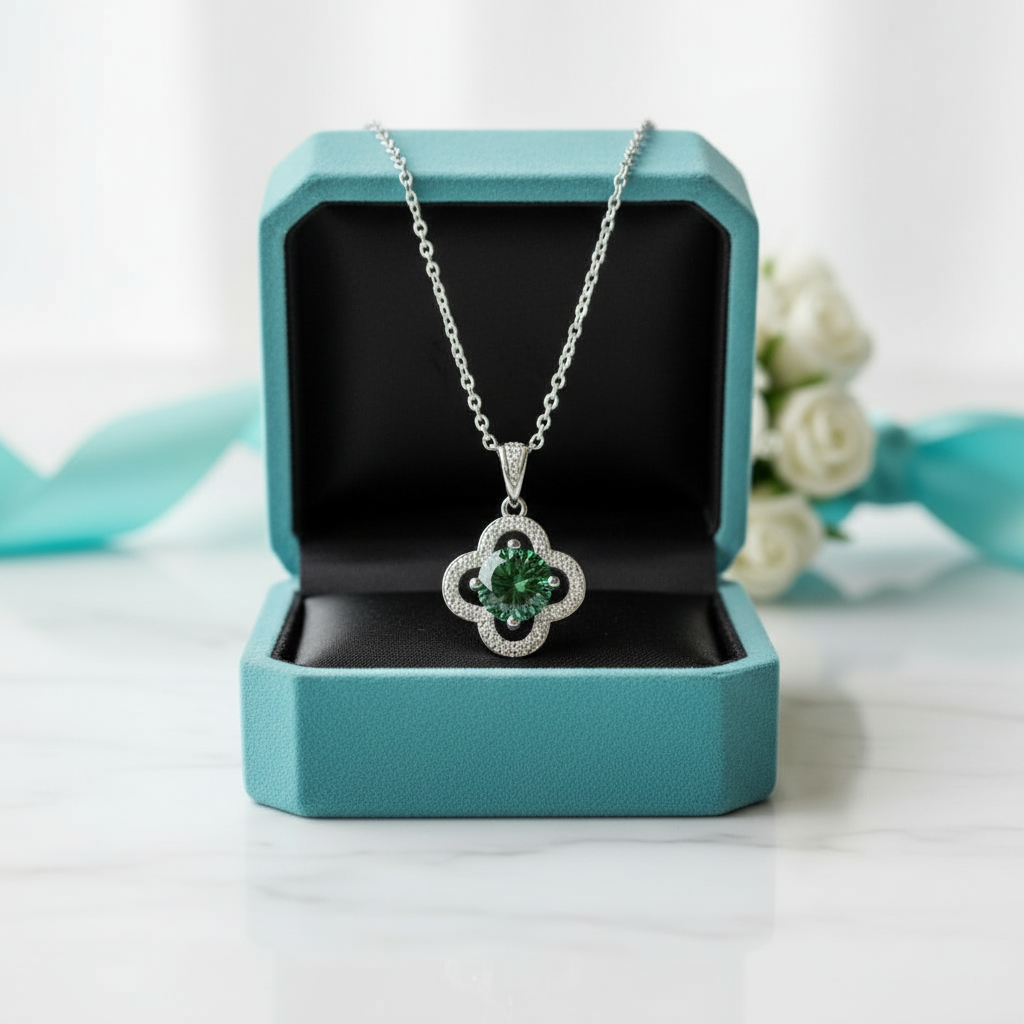 1.0 Ct Emerald Birthstone Clover Pendant Necklace-Evani Jewelry