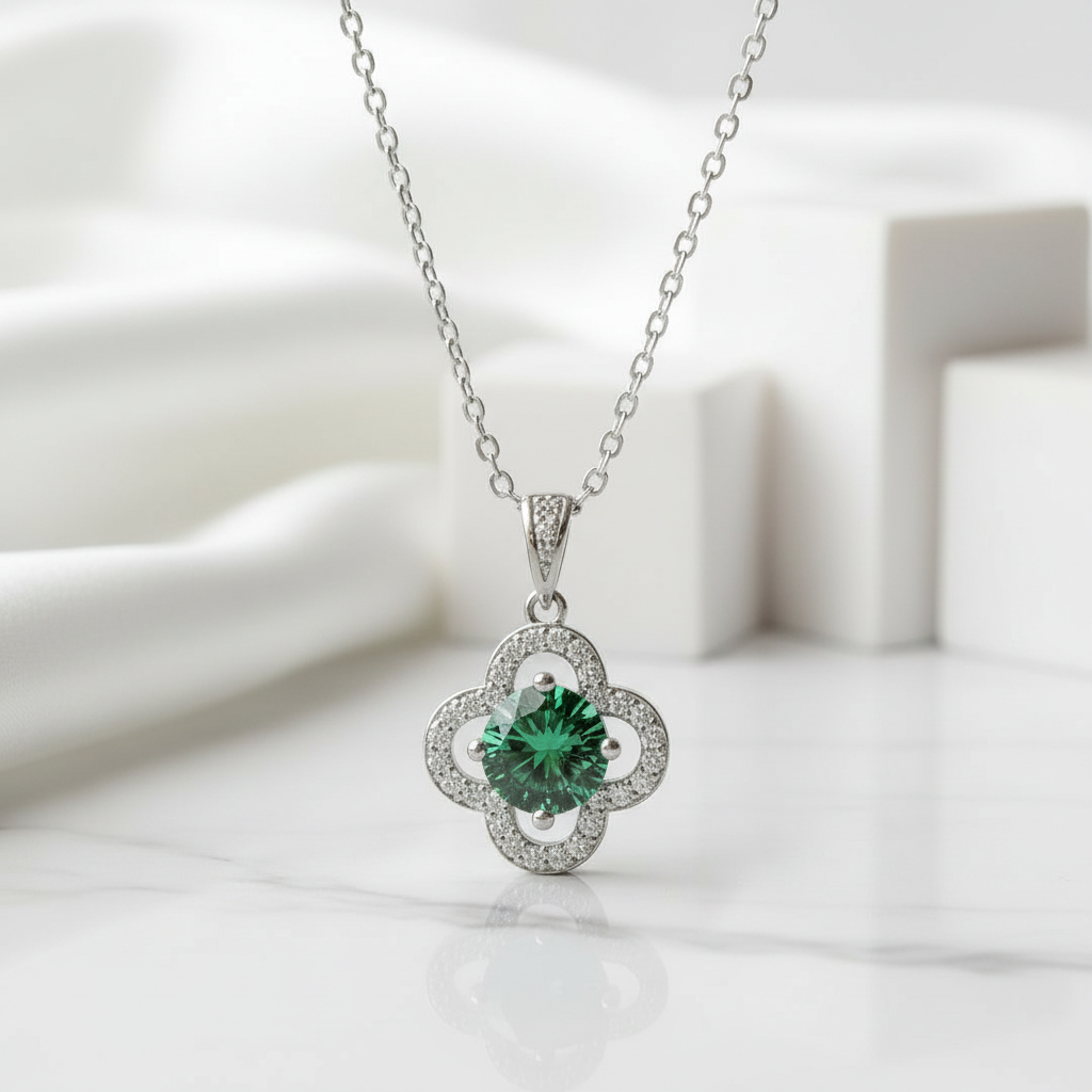 1.0 Ct Emerald Birthstone Clover Pendant Necklace-Evani Jewelry