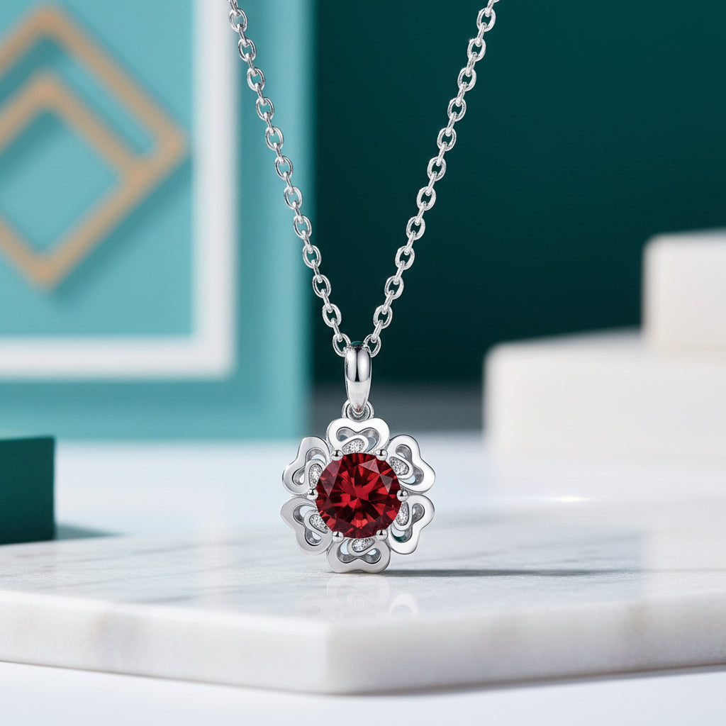 1.0 Ct Ruby Birthstone Flower Pendant Necklace-Evani Jewelry