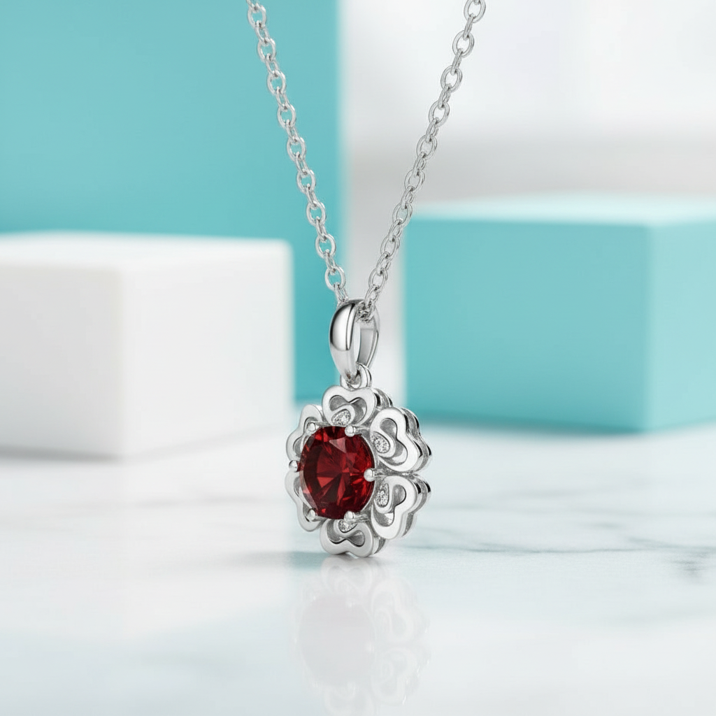 1.0 Ct Ruby Birthstone Flower Pendant Necklace-Evani Jewelry