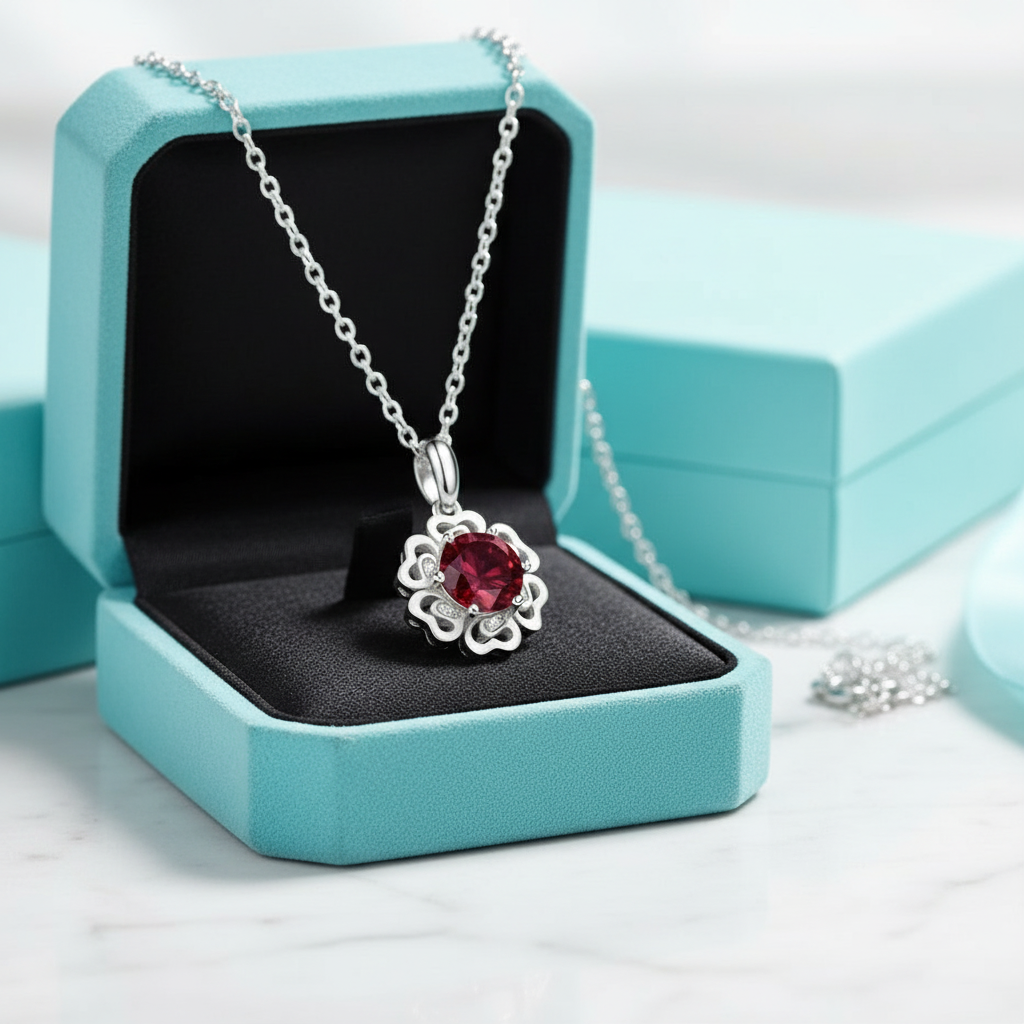 1.0 Ct Ruby Birthstone Flower Pendant Necklace-Evani Jewelry