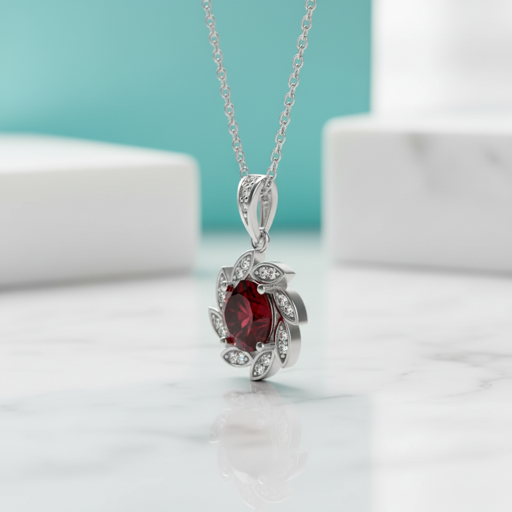 1.0 Ct Flower Garnet Birthstone Pendant Necklace-Evani Jewelry