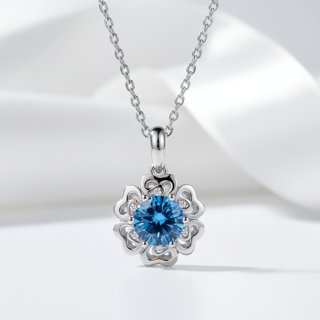 1.0 Ct Sapphire Flower Pendant Necklace-Evani Jewelry