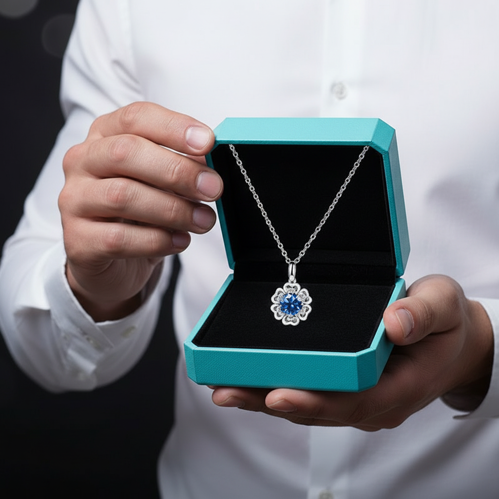 1.0 Ct Sapphire Flower Pendant Necklace-Evani Jewelry