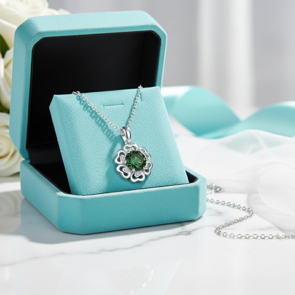 1.0 Ct Emerald Birthstone Flower Pendant Necklace-Evani Jewelry
