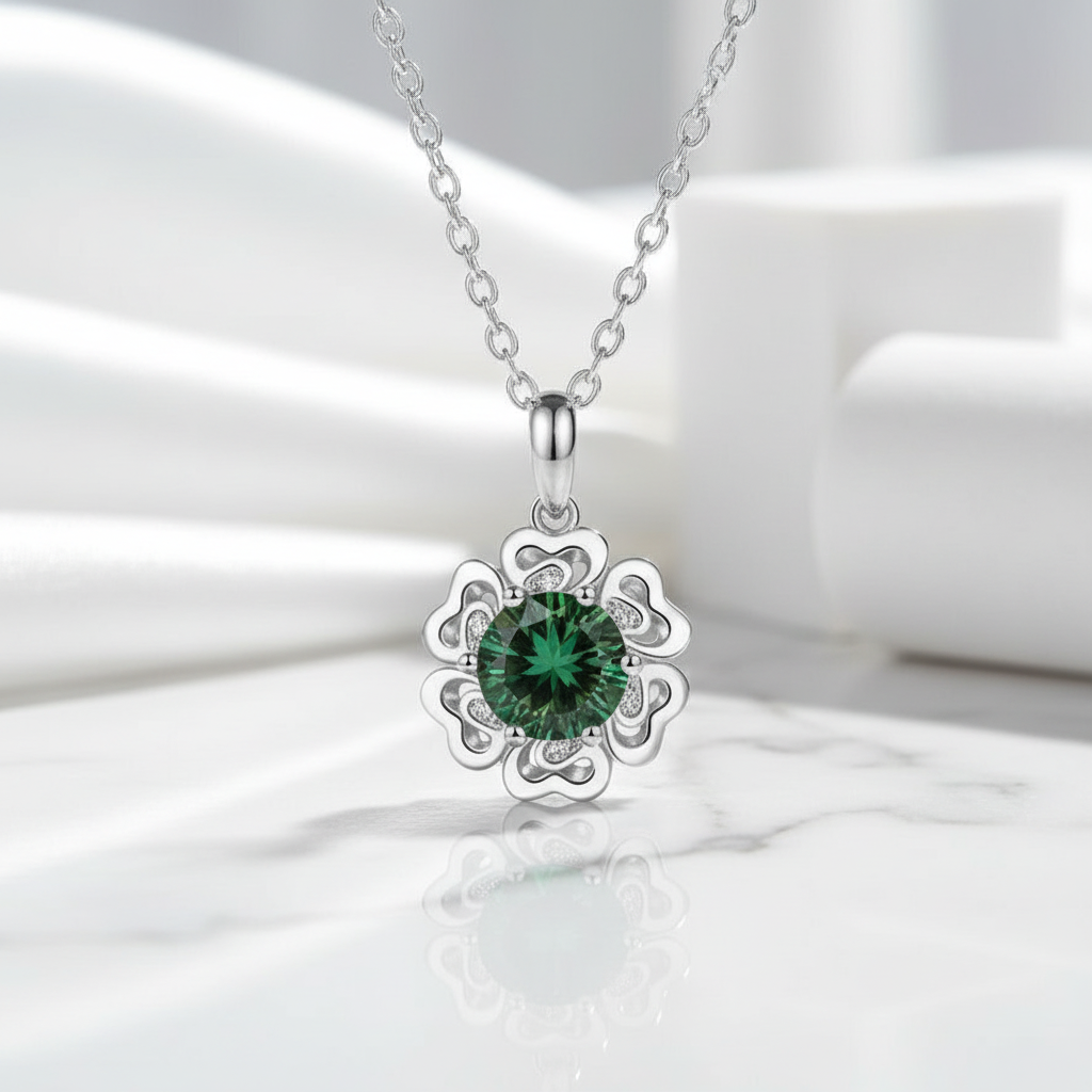 1.0 Ct Emerald Birthstone Flower Pendant Necklace-Evani Jewelry