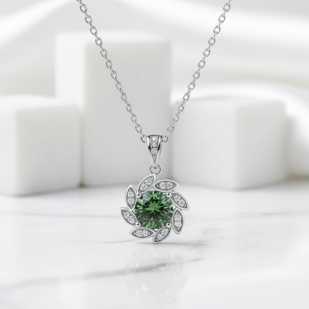 1.0 Ct Round Cut Emerald Flower Pendant Necklace-Evani Jewelry