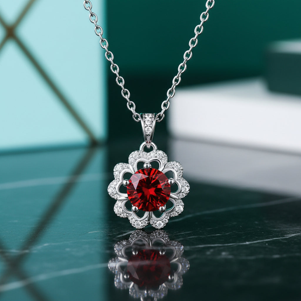 1.0 Ct Round Cut Ruby Birthstone Flower Shaped Necklace-Evani Jewelry