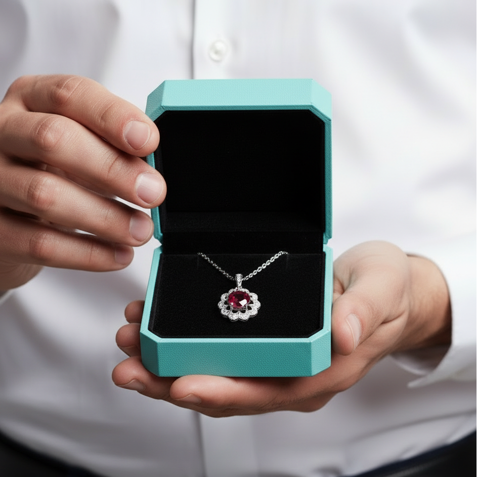 1.0 Ct Round Cut Ruby Birthstone Flower Shaped Necklace-Evani Jewelry