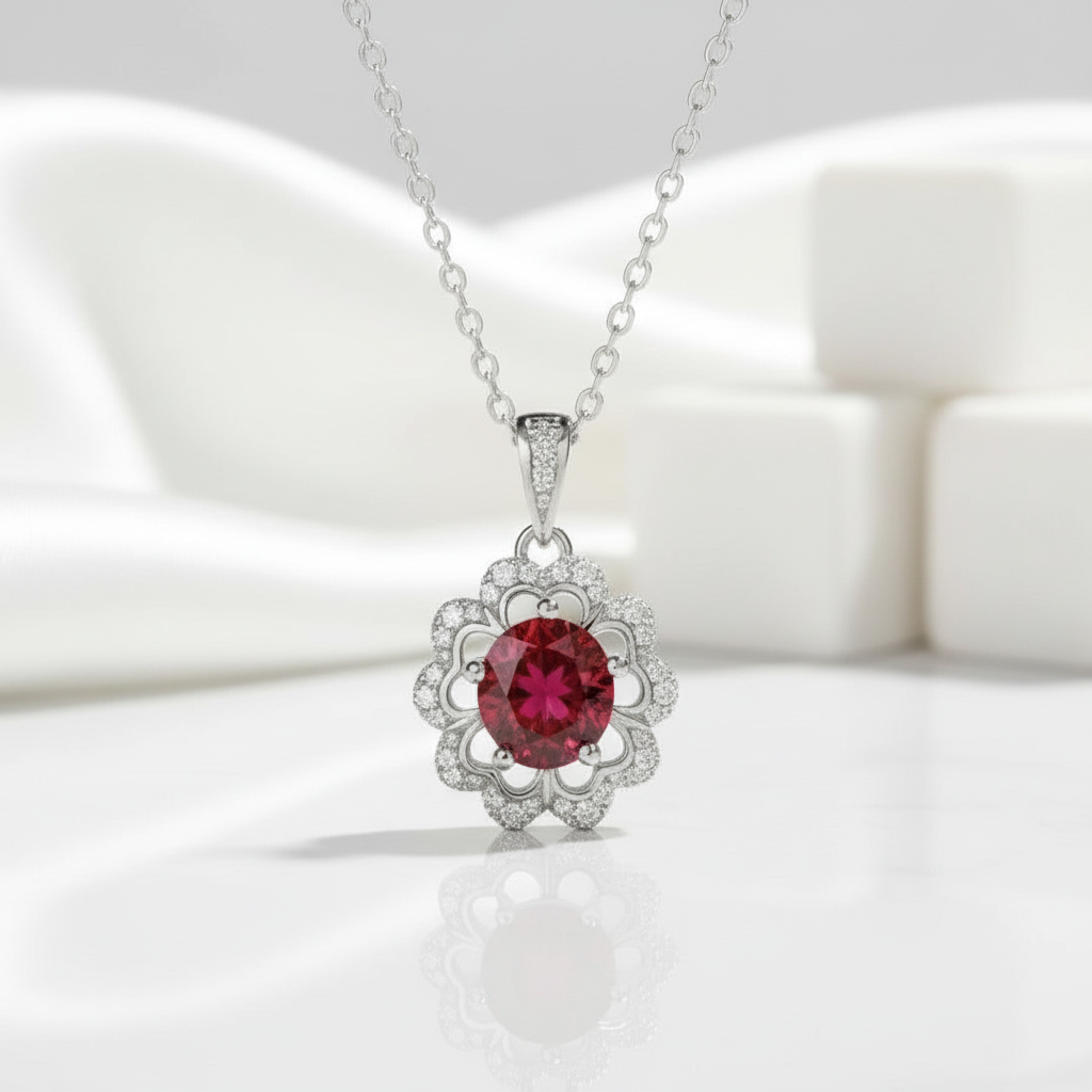 1.0 Ct Garnet Birthstone Flower Shaped Necklace-Evani Jewelry
