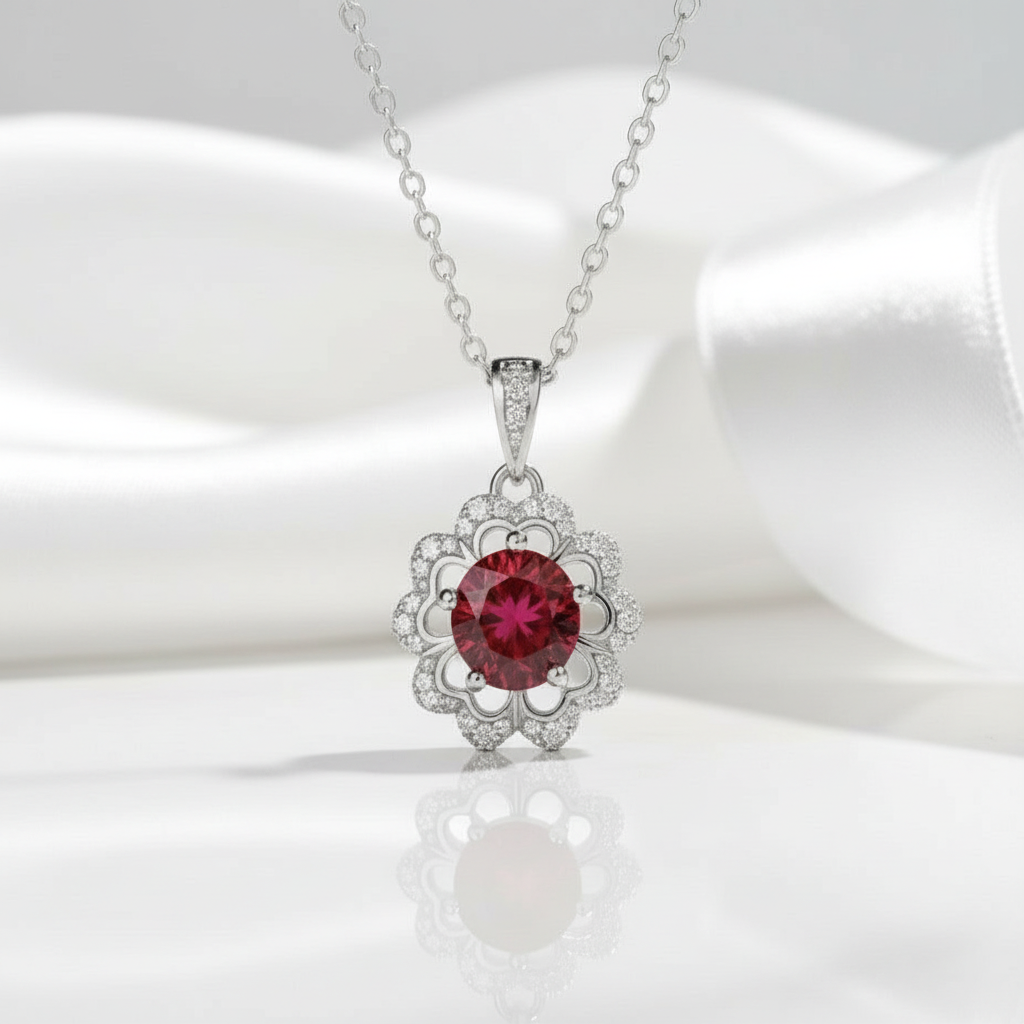 1.0 Ct Round Cut Ruby Birthstone Flower Shaped Necklace-Evani Jewelry