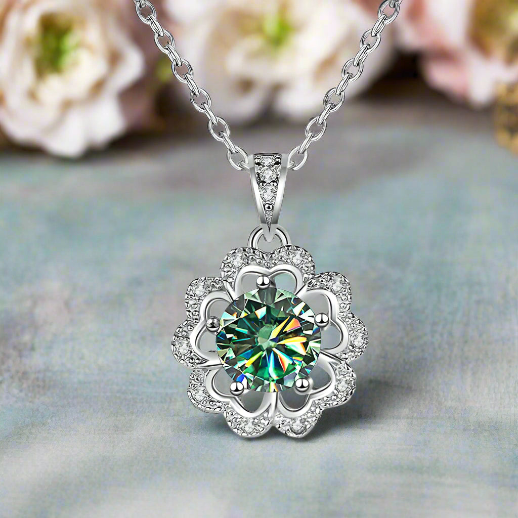 1.0 Ct Diamond Peridot Birthstone Flower Shaped Necklace - Evani Naomi Jewelry