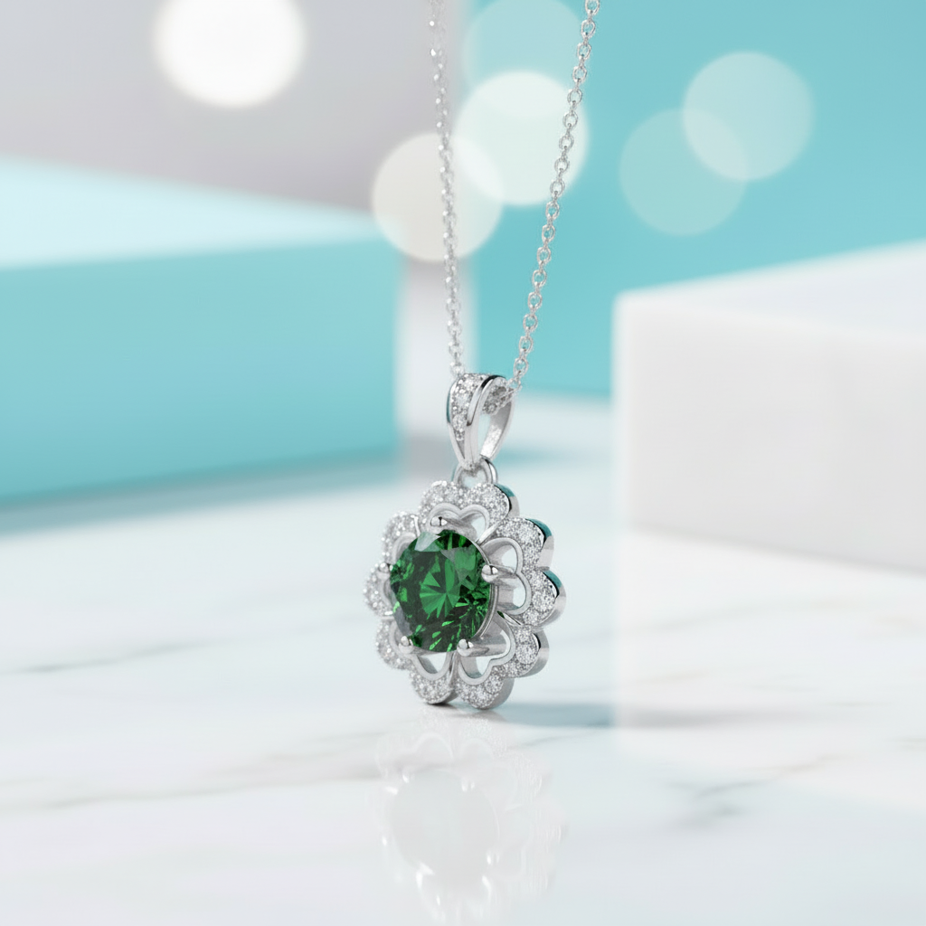 1.0 Ct Emerald Birthstone Flower Shaped Necklace-Evani Jewelry