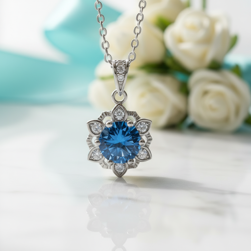 1.0 Ct Sapphire Birthstone Snowflake Pendant Necklace