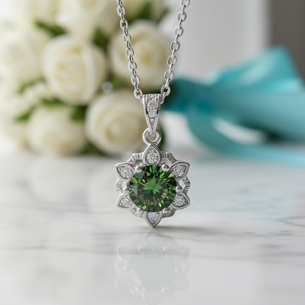 1.0 Ct Emerald Birthstone Snowflake Pendant Necklace-Evani Jewelry