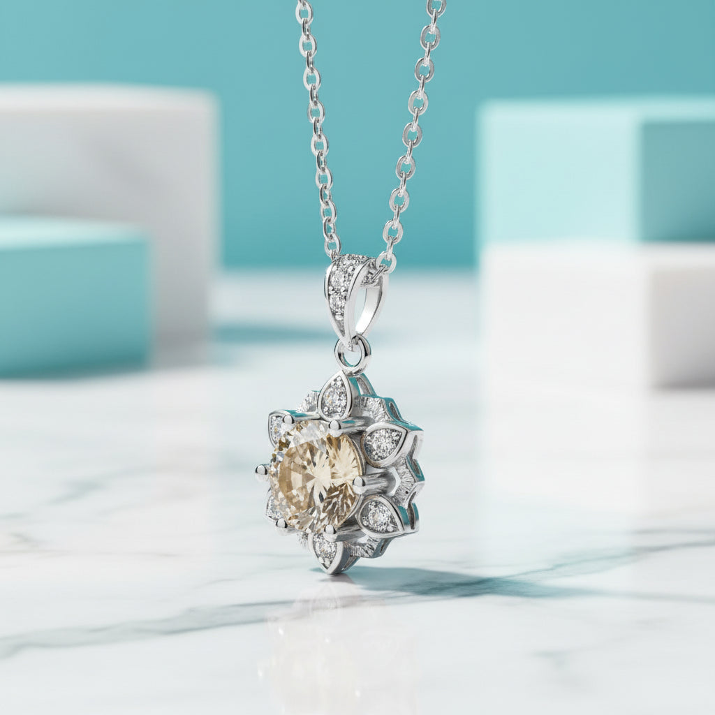 1.0 Ct Diamond Snowflake Topaz and Citrine Birthstone Pendant Necklace-Evani Jewelry