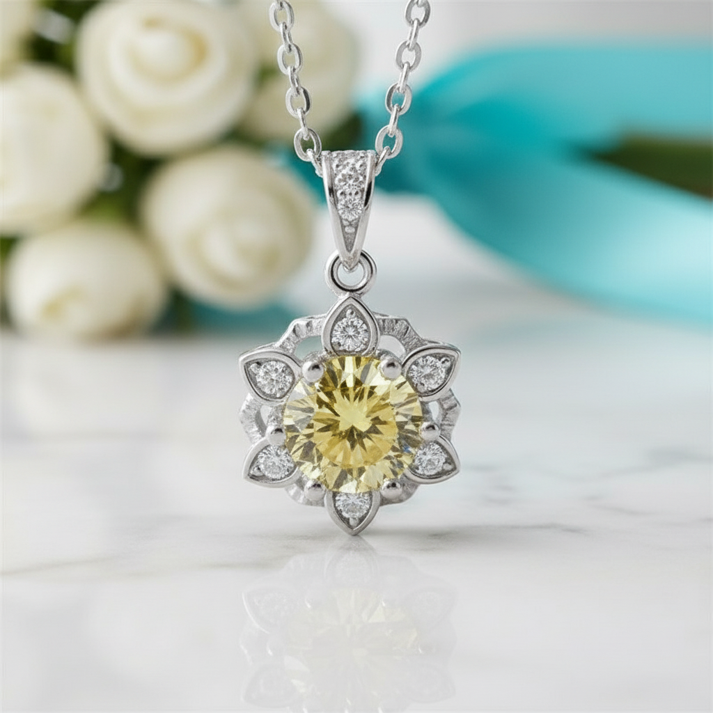 1.0 Ct Snowflake Topaz and Citrine Birthstone Pendant Necklace
