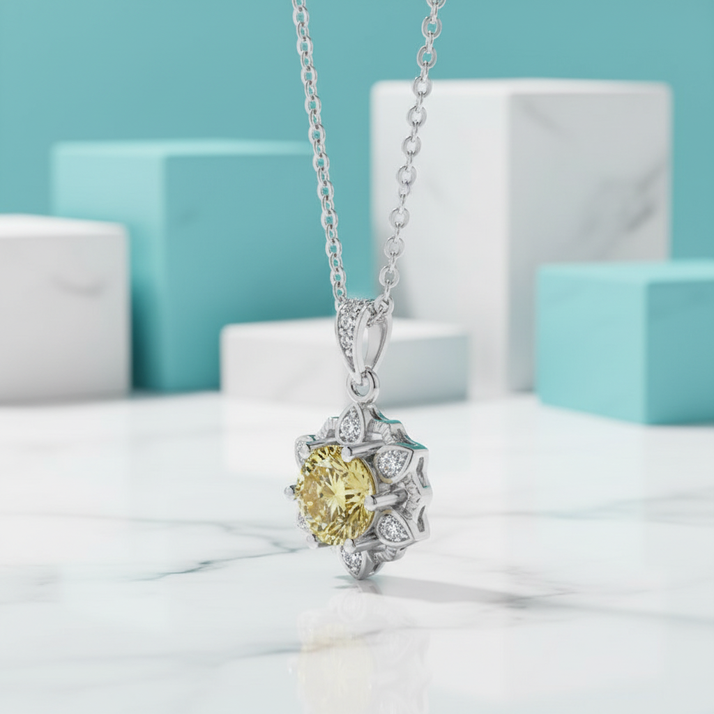 1.0 Ct Snowflake Topaz and Citrine Birthstone Pendant Necklace