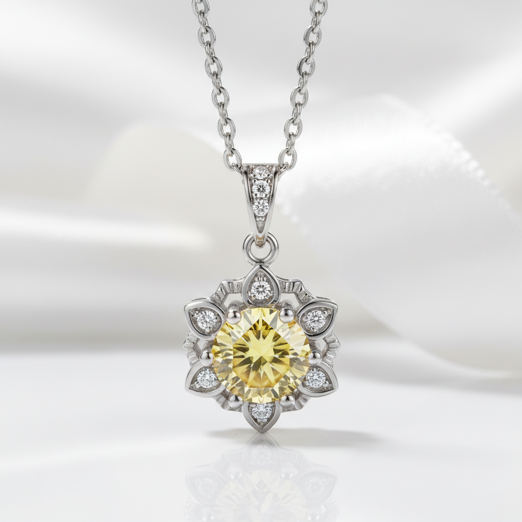 1.0 Ct Snowflake Topaz and Citrine Birthstone Pendant Necklace
