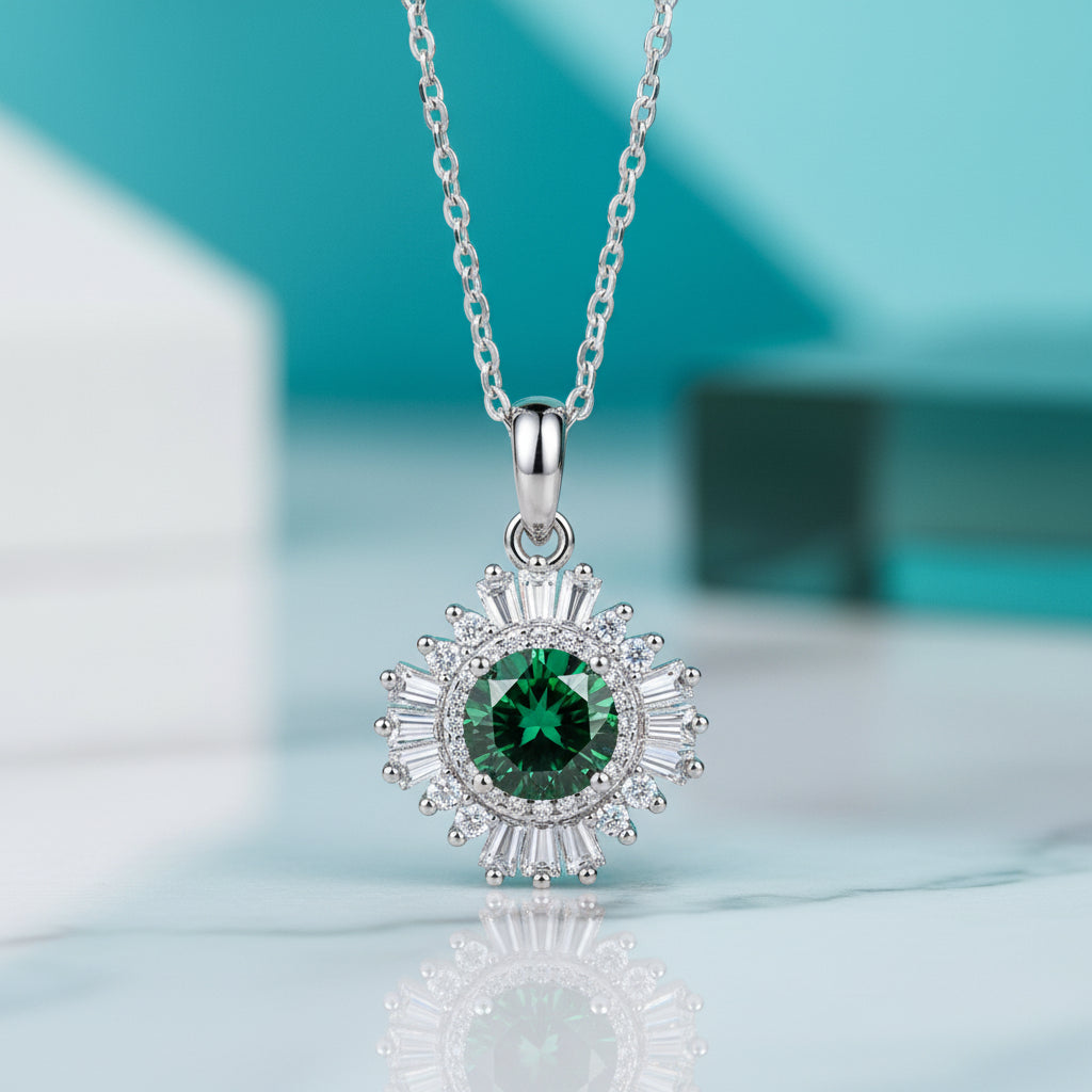 1.0 Ct Emerald Birthstone Sunflower Pendant Necklace-Evani Jewelry
