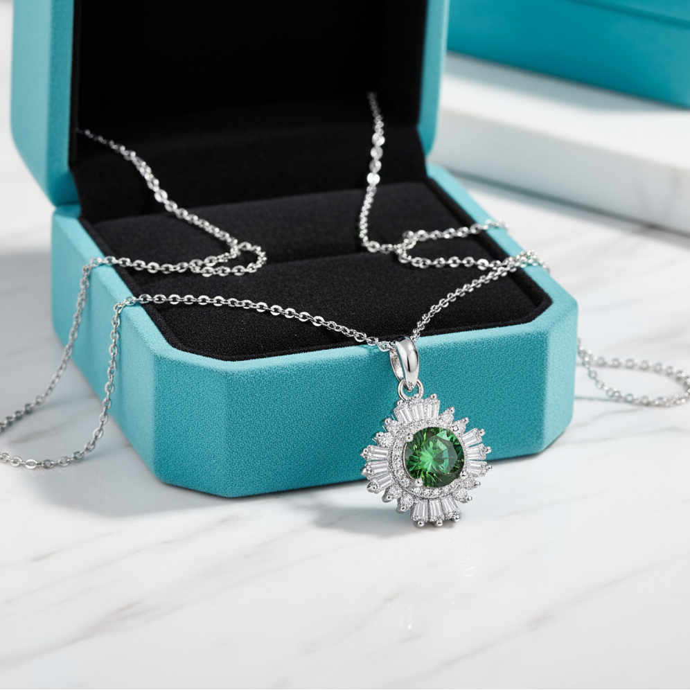 1.0 Ct Emerald Birthstone Sunflower Pendant Necklace-Evani Jewelry
