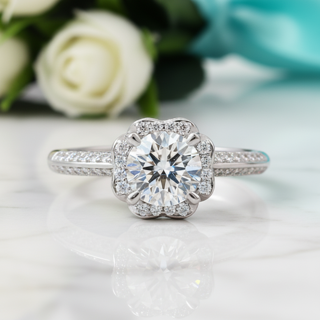 A silver-toned halo ring with a round brilliant-cut center stone and smaller surrounding stones, displayed on a light marble surface with blurred white roses and a teal ribbon in the background.
