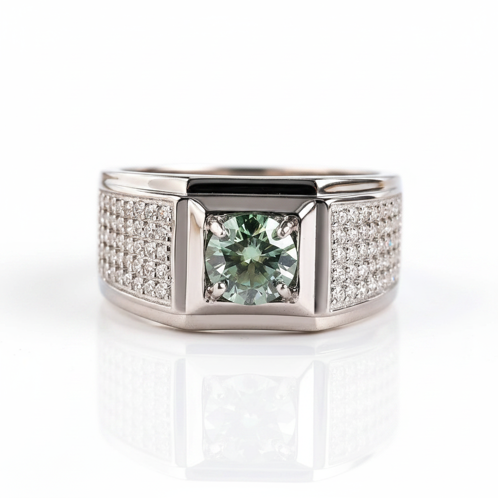 1.0 Ct Green Round Diamond Option Iced Out Men's Wedding Ring