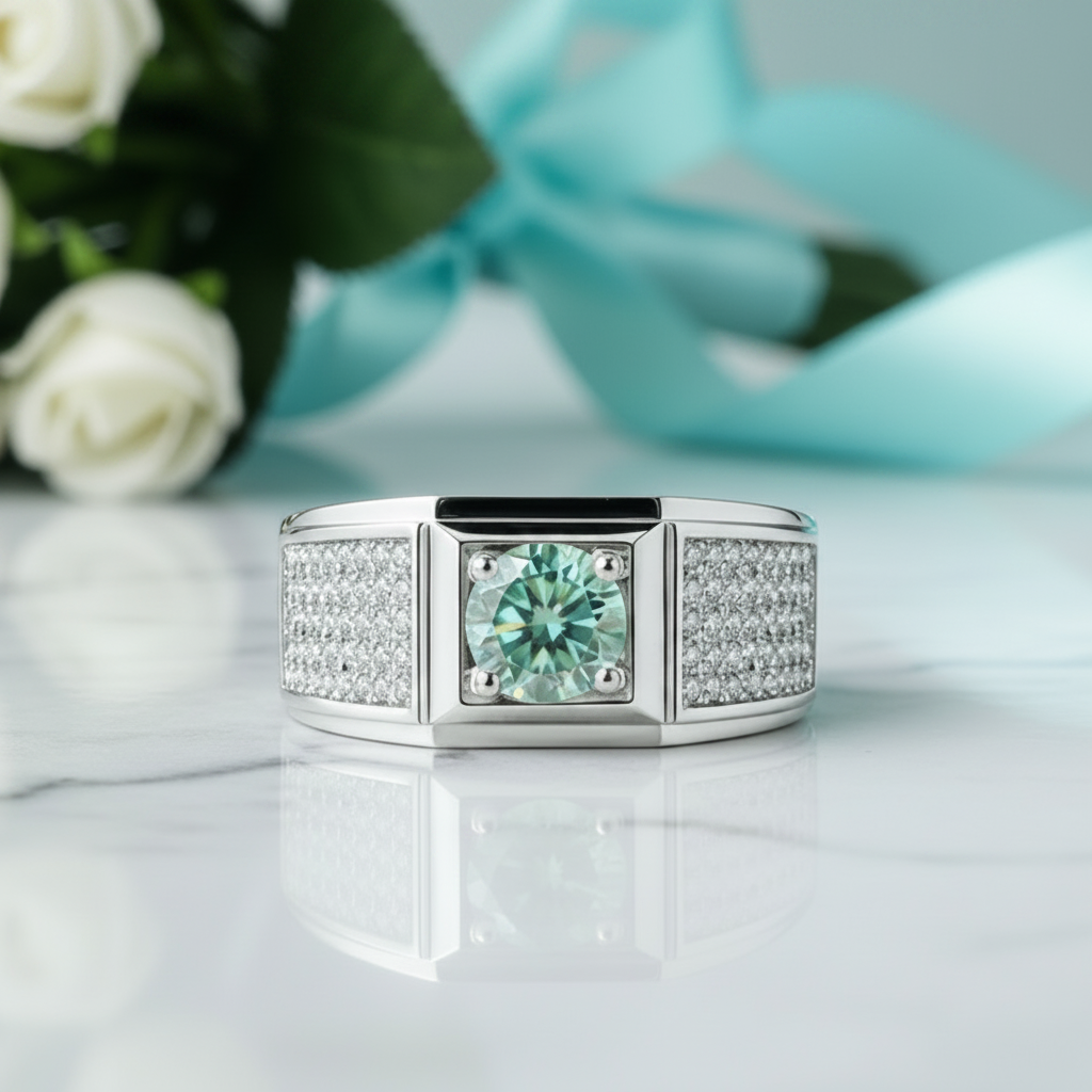 1.0 Ct Green Round Diamond Option Iced Out Men's Wedding Ring