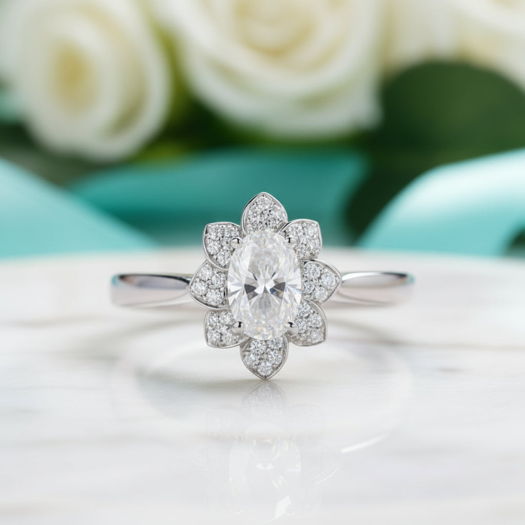 1.0 Ct Oval Cut Lotus Shaped Engagement Ring-Evani Jewelry