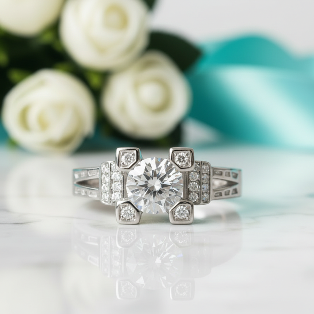 1.0 Ct Round & Baguette Diamond Engagement Ring-Evani Jewelry