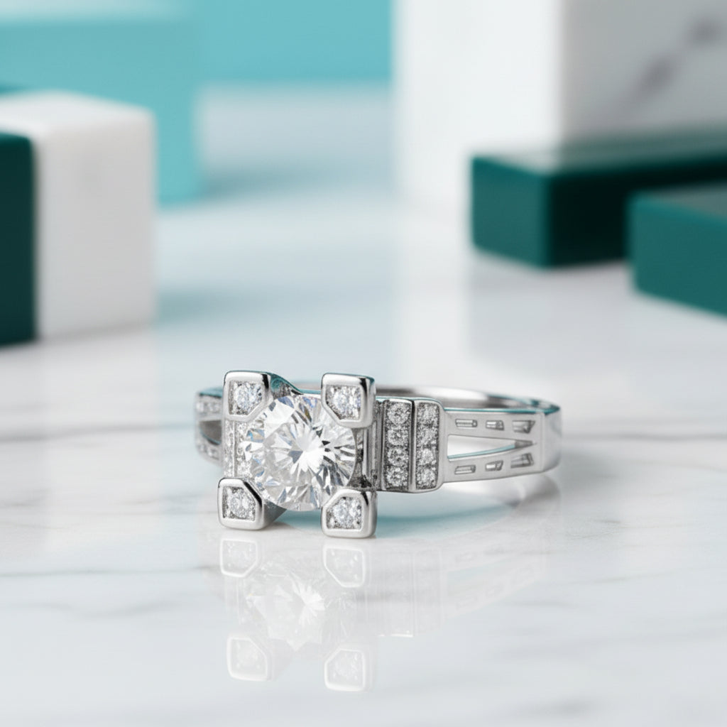 1.0 Ct Round & Baguette Diamond Engagement Ring-Evani Jewelry