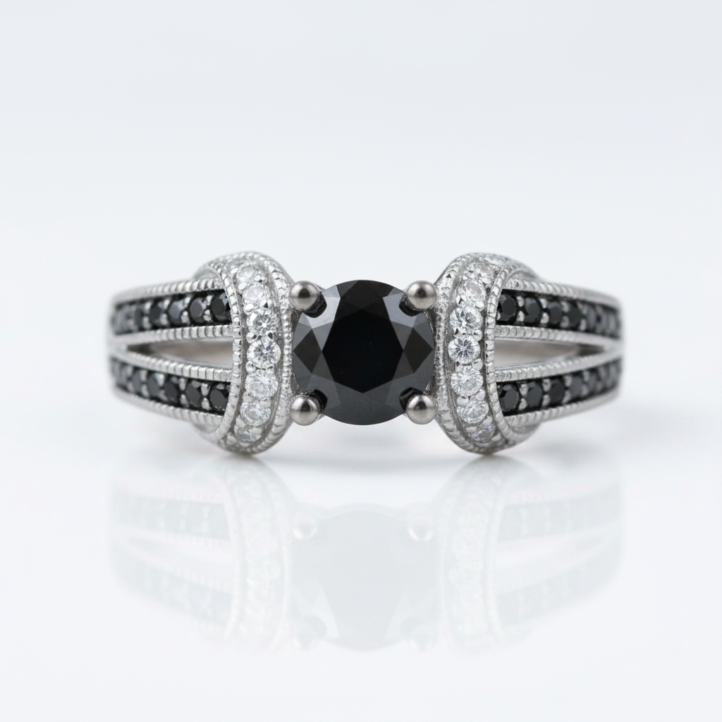 1.0 Ct Round Cut Black and White Diamond Option Engagement Ring - Evani Naomi Jewelry