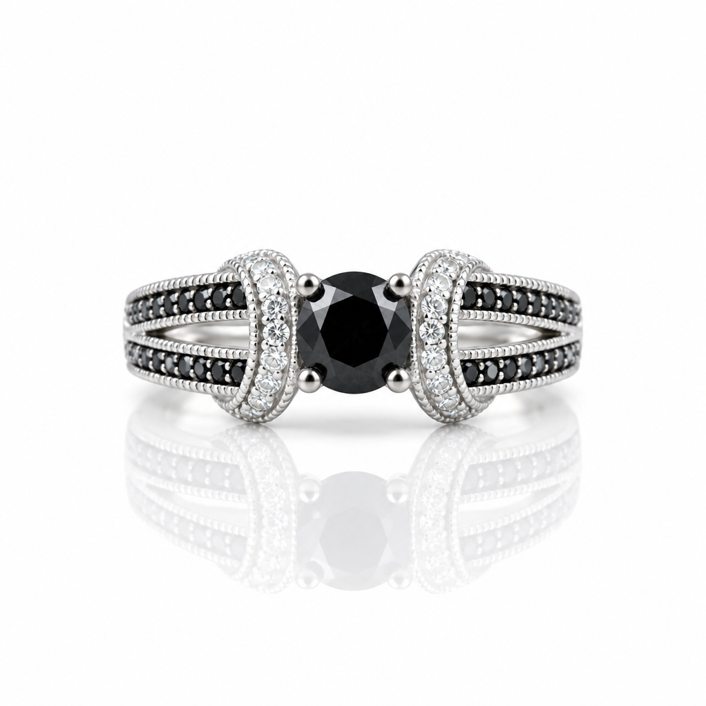 1.0 Ct Round Cut Black and White Diamond Option Engagement Ring