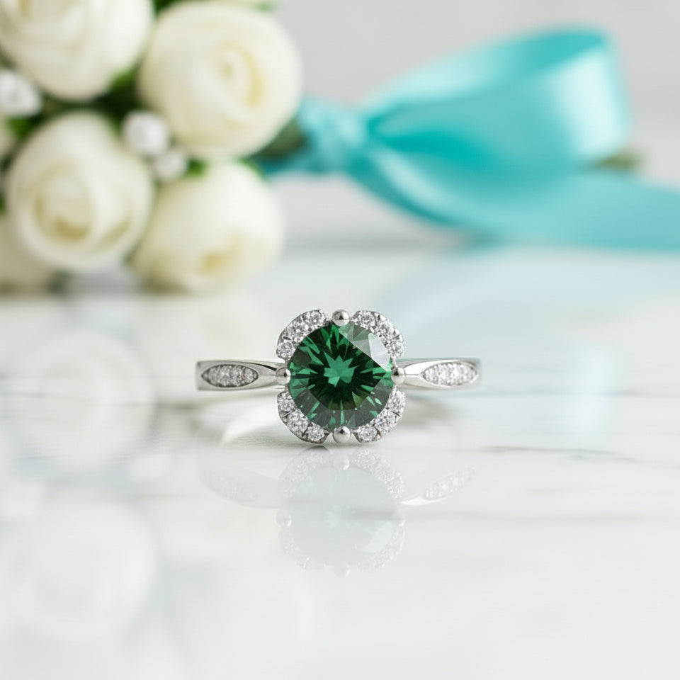 1.0 Ct Round Cut Emerald Birthstone Engagement Ring-Evani Jewelry