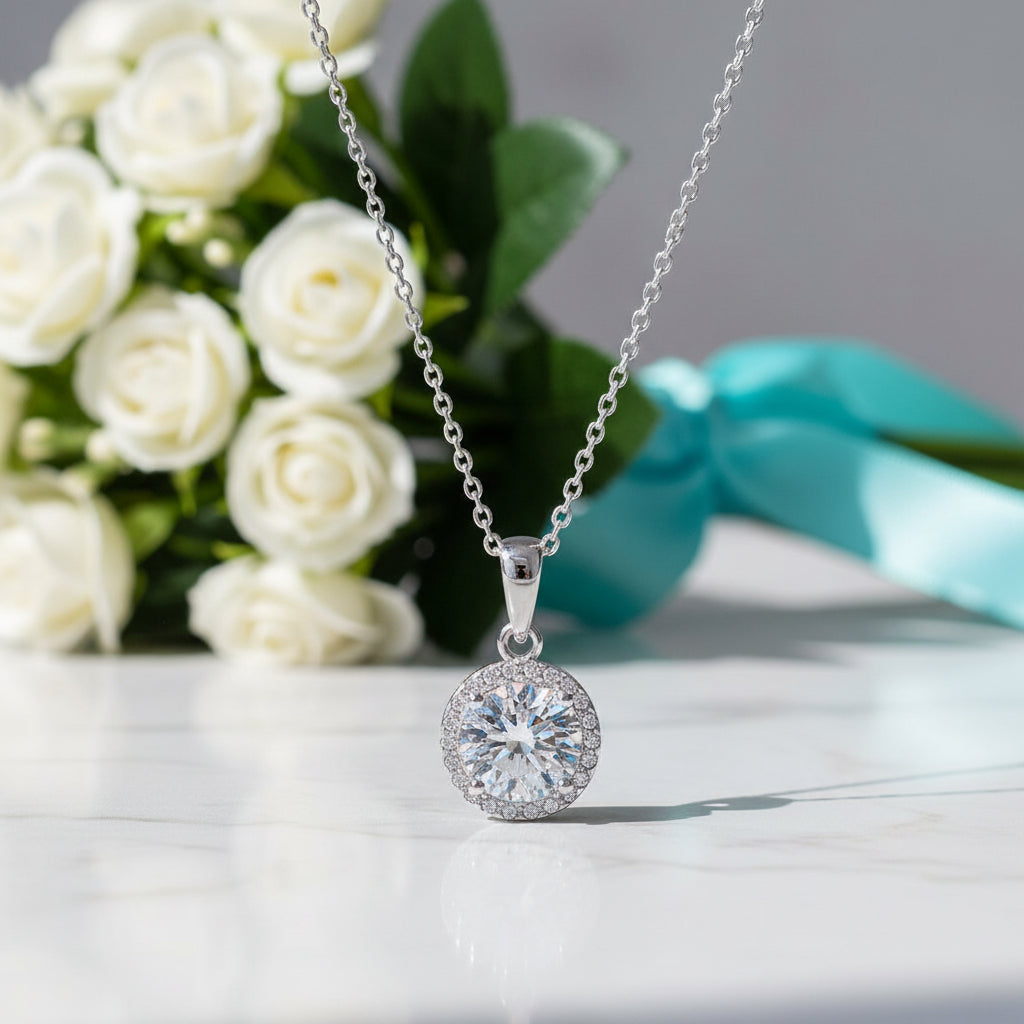 1.0 Ct Round Cut Diamond Halo Clavicle Chain Necklace-Evani Jewelry