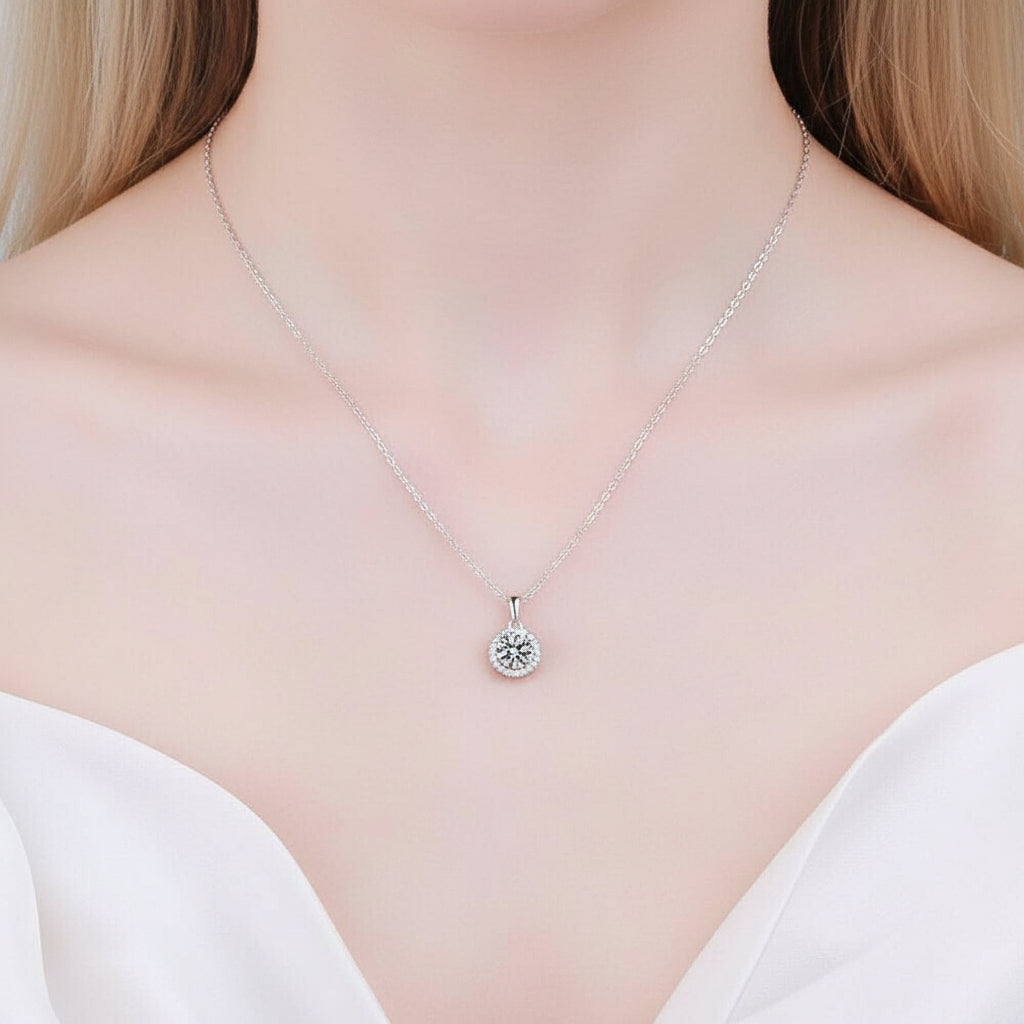 1.0 Ct Round Cut Diamond Halo Clavicle Chain Necklace-Evani Jewelry