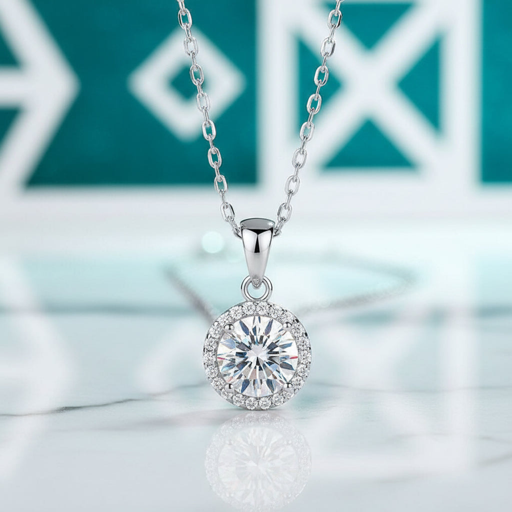 1.0 Ct Round Cut Diamond Halo Clavicle Chain Necklace-Evani Jewelry