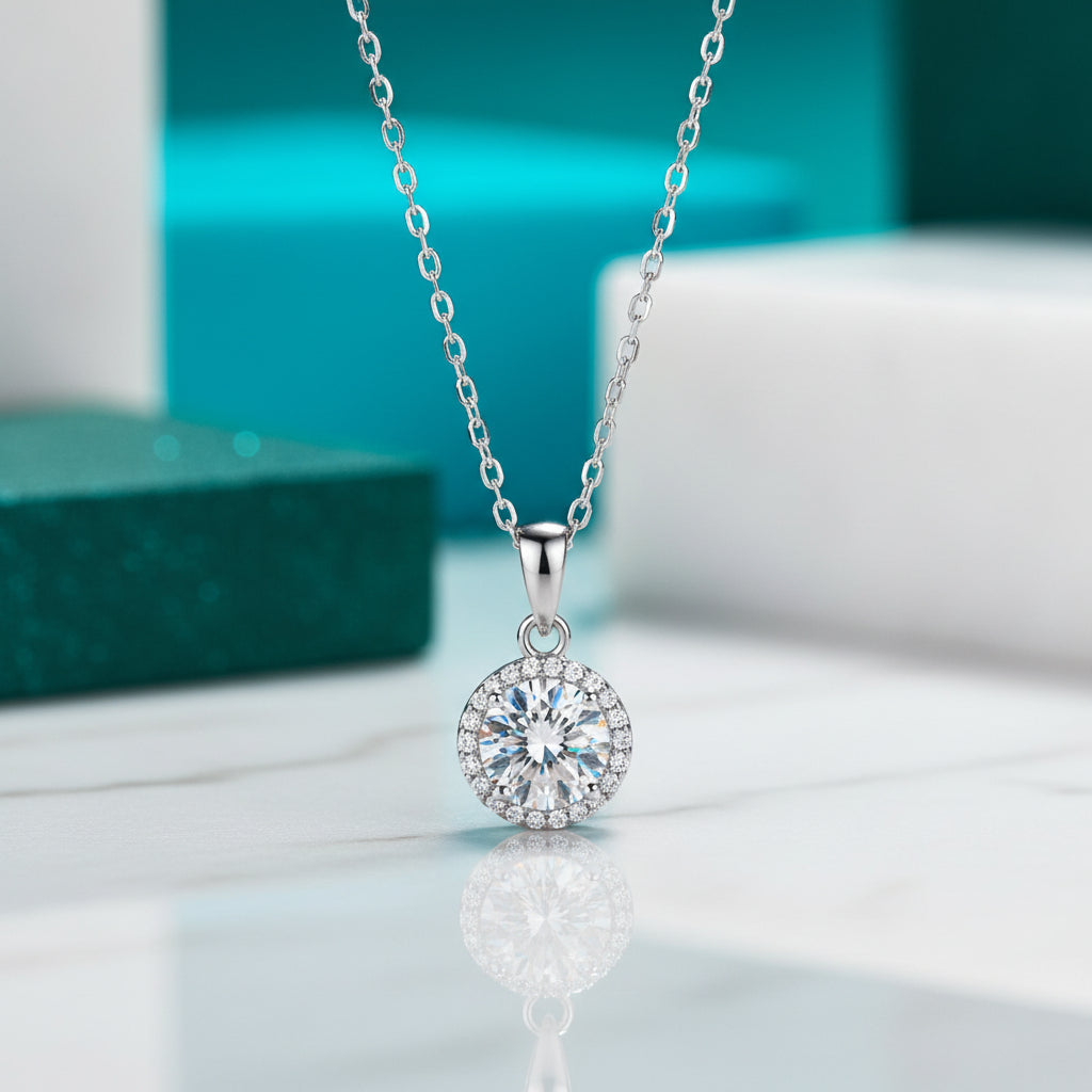 1.0 Ct Round Cut Diamond Halo Clavicle Chain Necklace-Evani Jewelry