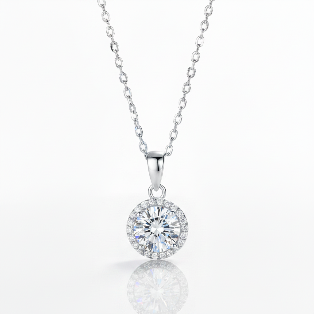 1.0 Ct Round Cut Diamond Option Halo Clavicle Chain Necklace
