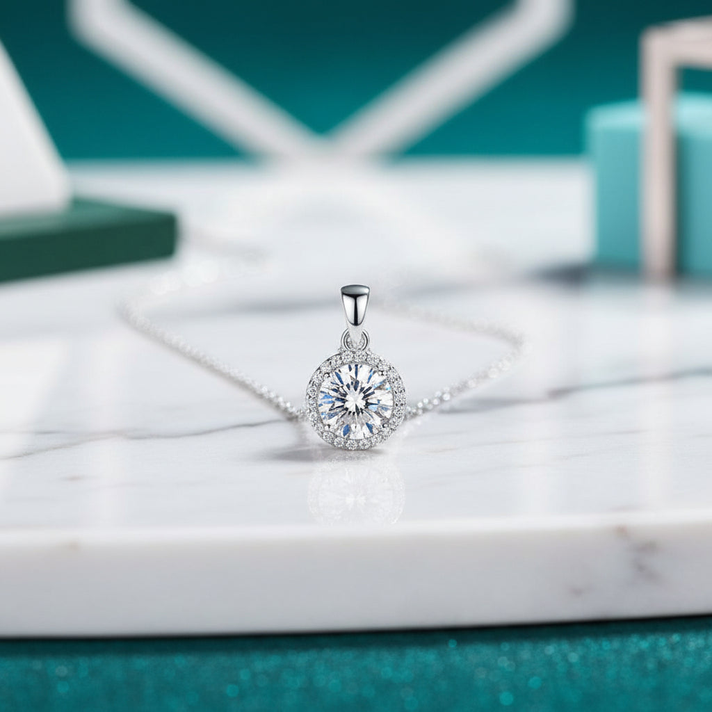 1.0 Ct Round Cut Diamond Halo Clavicle Chain Necklace-Evani Jewelry