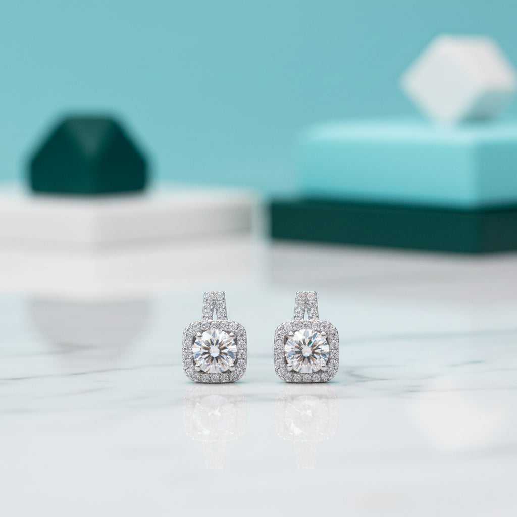 1.0 Ct Round Cut Diamond Halo Drop Earrings-Evani Jewelry
