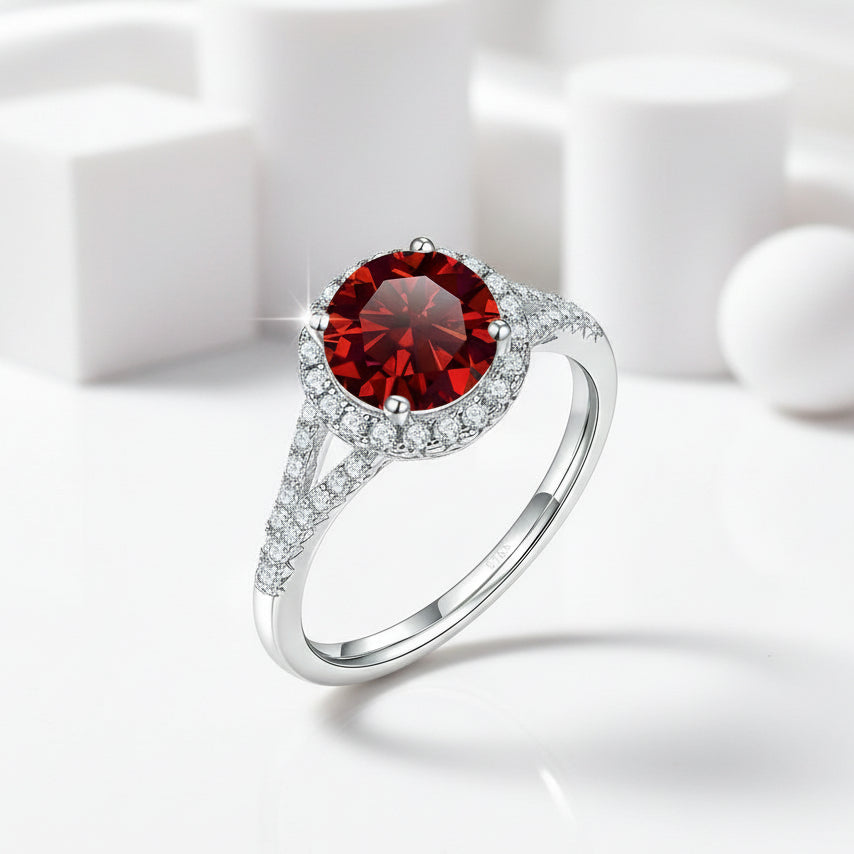 1.0 Ct Round Cut Ruby Halo Engagement Ring-Evani Jewelry