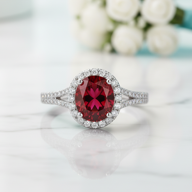 1.0 Ct Round Cut Halo Garnet Engagement Ring-Evani Jewelry