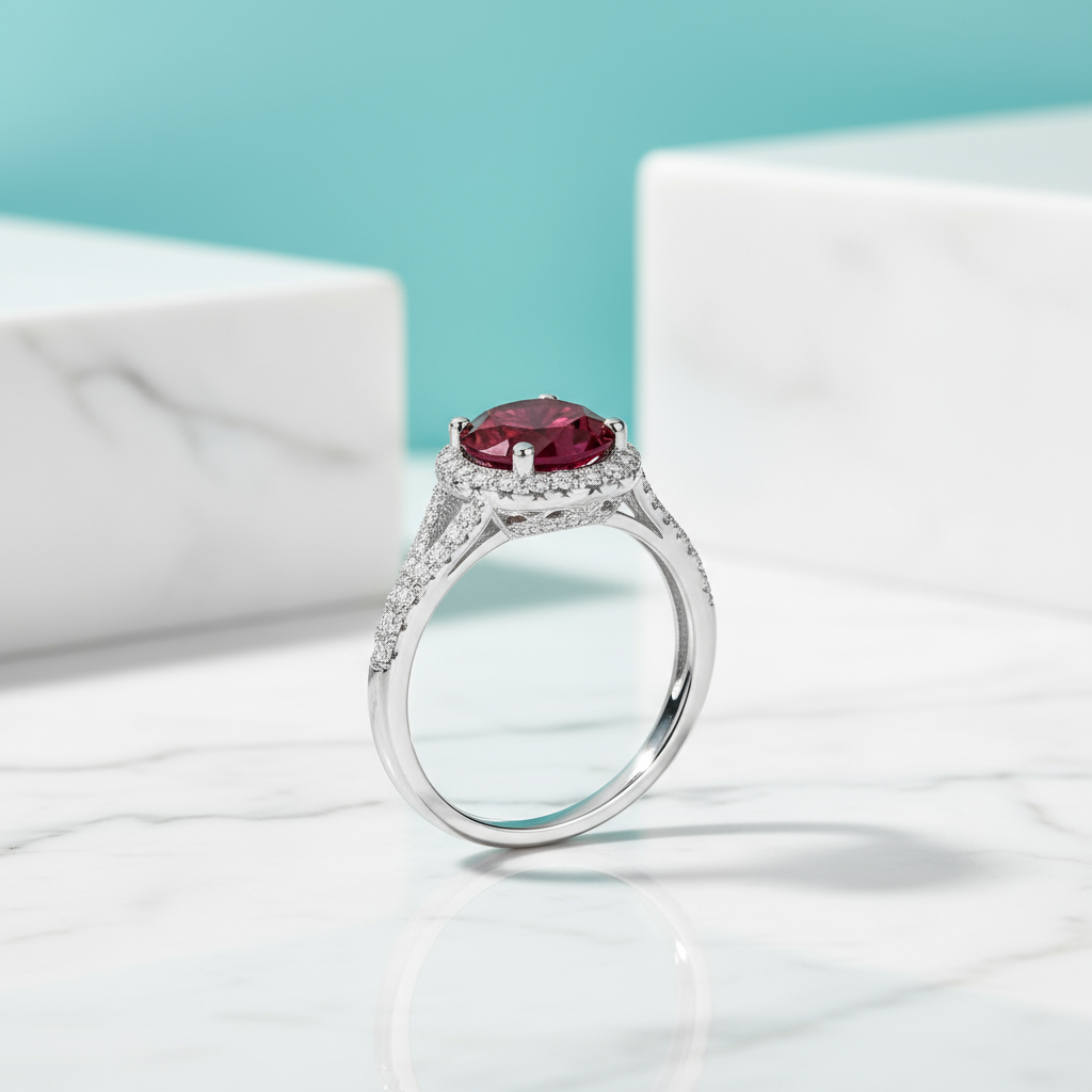1.0 Ct Round Cut Halo Garnet Engagement Ring-Evani Jewelry