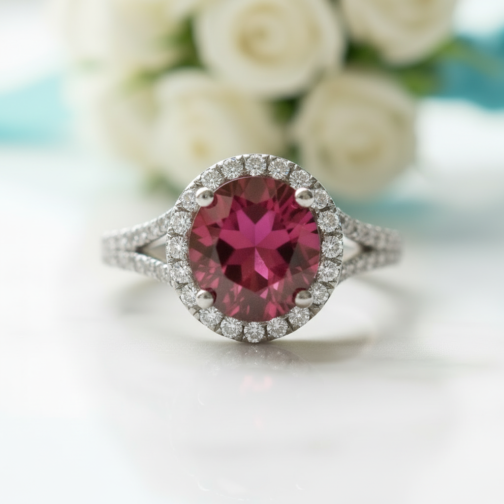 1.0 Ct Round Cut Ruby Halo Engagement Ring-Evani Jewelry